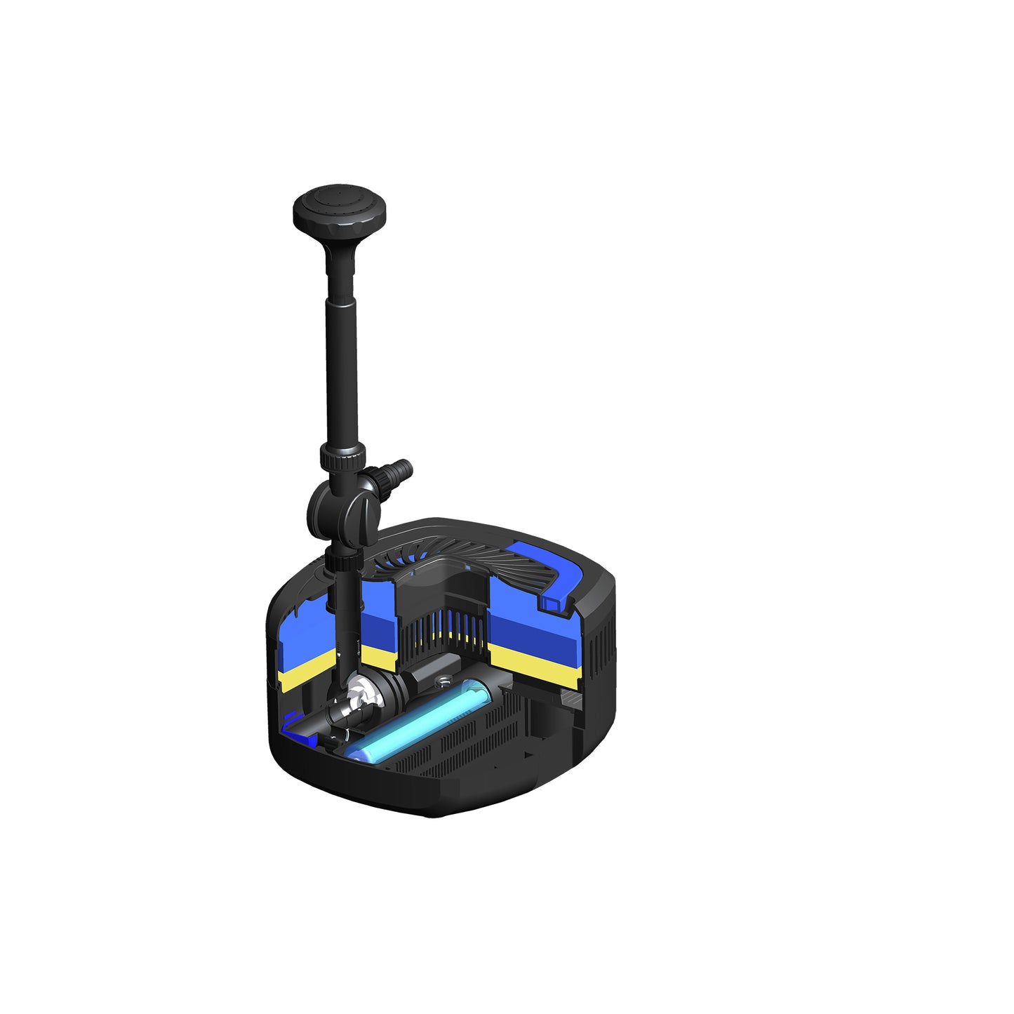 Binnenkant BluFilter bestaat uit meerdere stappen en compartimenten. Inclusief pomp, verschillende soorten filtermateriaal, UV-c apparaat voor het reinnigen van algen.